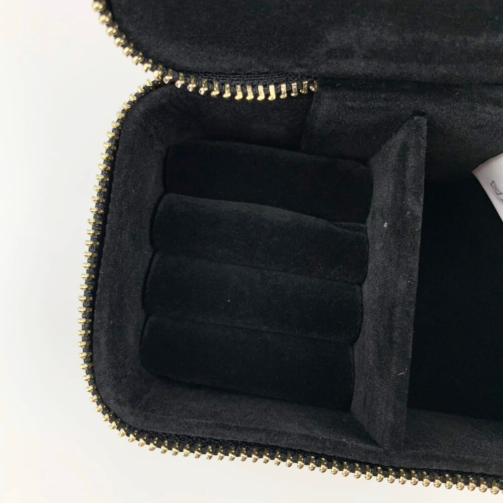 Sezane Jewelry Box Case Black Velvet Gold Daisy Stars Tassels Small Zip Around - Picture 8 of 9